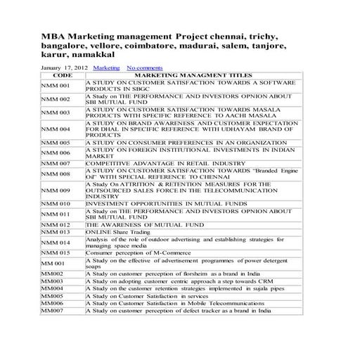 Mba marketing mngt projects