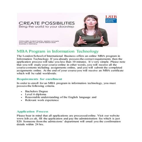 MBA PROGRAM IN INFORMATION TECHNOLOGY