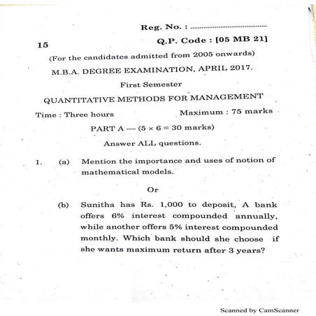 Bharathiar University - MBA Question Paper - Quantitative Methods for Managem...