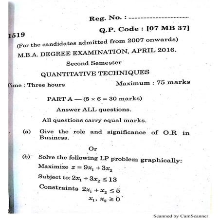 Bharathiar University - MBA Question Paper - Quantitative Techniques - 2016 A...