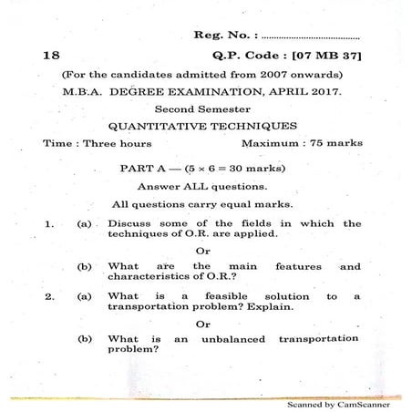 Bharathiar University - MBA Question Paper - Quantitative Techniques - 2017 A...