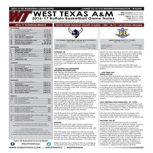 WT Men's Basketball Game Notes (12-15-16)