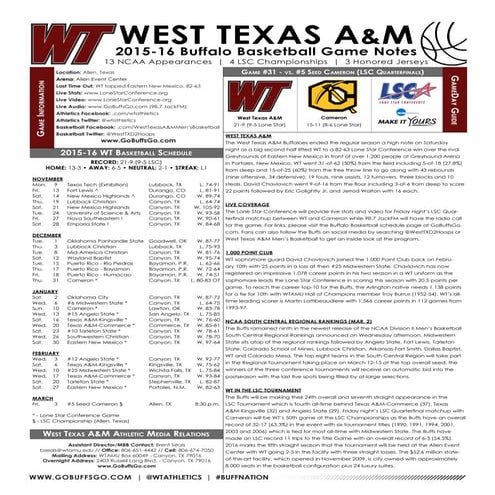 WT Men's Basketball Game Notes (3-2-16)