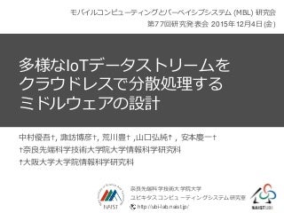 第77回MBL研究会 "多様なIoTデータストリームをクラウドレスで分散処理するミドルウェアの設計" 第77回MBL研究会 "多様なIoTデータストリームをクラウドレスで分散処理するミドルウェアの設計"