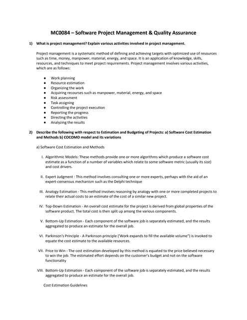 MC0084 – Software Project Management & Quality Assurance - Master of Computer...