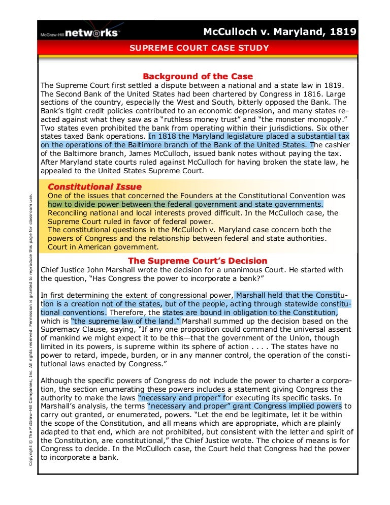 case brief for mcculloch v maryland