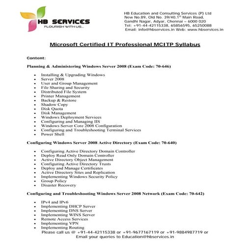 Mcitp Syllabus - www.hbservices.in