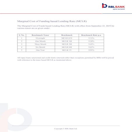 Updated MCLR Rates for Tenors | RBL Bank | PDF