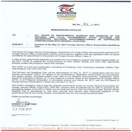 May 21, 2017 FSOE - Memorandum Circular No. 4, s. 2017