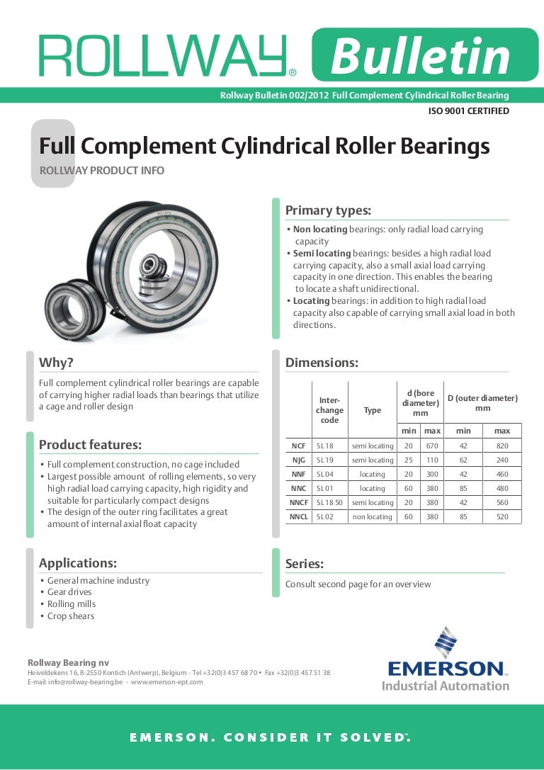 Rollway full complement cylindrical roller bearings