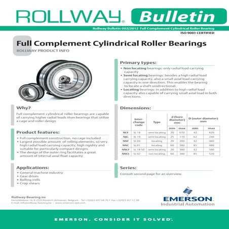 Rollway full complement cylindrical roller bearings