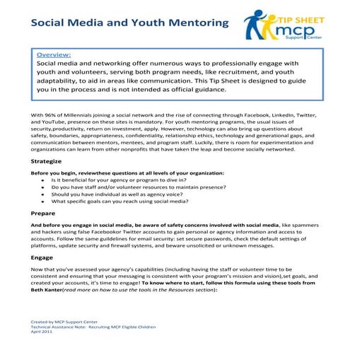 Friends for Youth's Social Media Tip Sheet for MANY