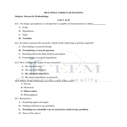 MCQ for Research and methodology mcqs with answersy