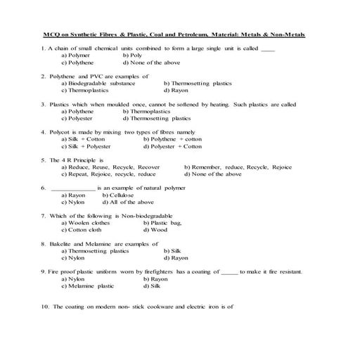 Mcq on synthetic fibres  plastic coal and petroleum material metals  non metals