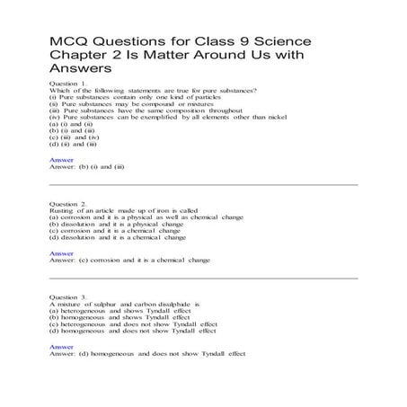 Mcq's of class 9 chapter IS MATTER AROUND US PURE