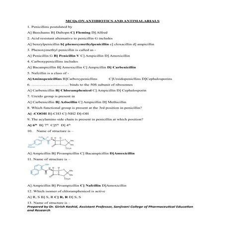 MCQs on Antibiotics and Antimalarial agents