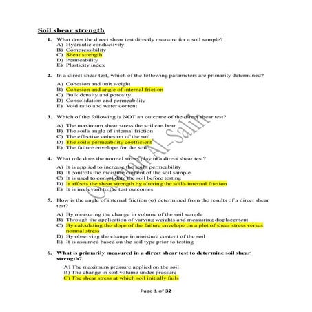 Mcq Soil Mechanics Questions Soil Shear Strength Pdf