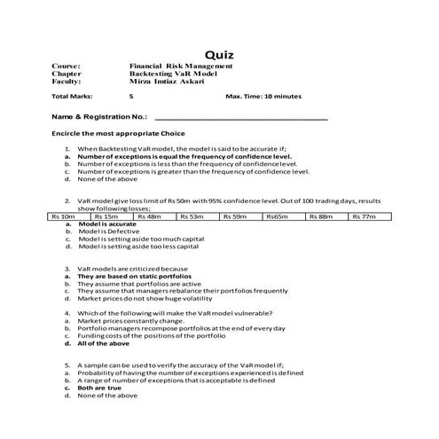 Mcqs on backtesting VaR model with solution