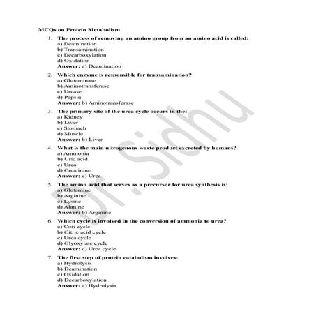 MCQs on Protein Metabolism. (Biochemistry)