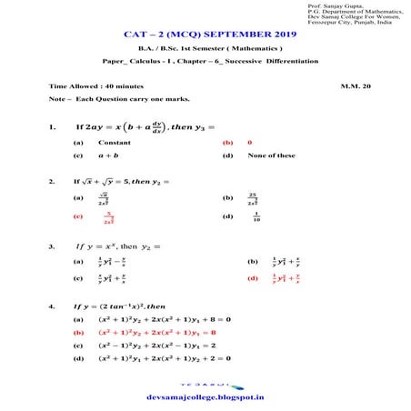 Multiple Choice Questions_Successive Differentiation (CALCULUS)