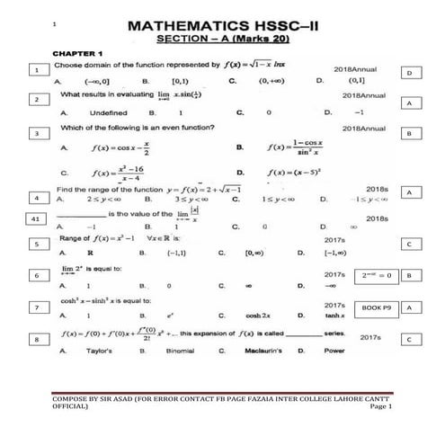 Mcqs xii year subject mathematics federal board with answer key