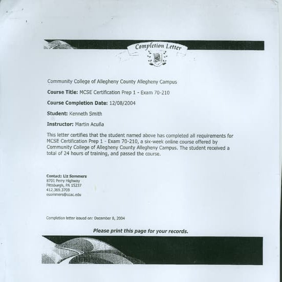 Mcse Completion Letter