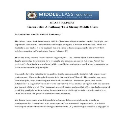 Middle Class Task Force. Green Jobs: A Pathway To A Strong Middle Class