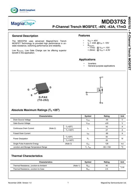 MOSFET MAGNACHIP MDP1932TH - Canale N, 175A, 80V, TO-220 - Nuovo