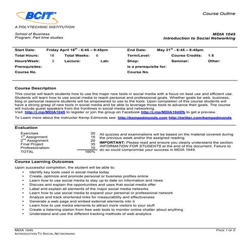 Introduction to Social Networking - MDIA1045 Course Outline 