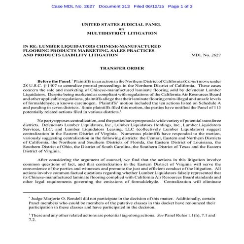 Lumber Liquidators MDL goes to Alexandria Virginia