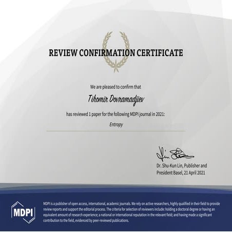 MDPI REVIEW CONFIRMATION CERTIFICATE 8454763 Assoc. Prof. Tihomir Dovramadjie...