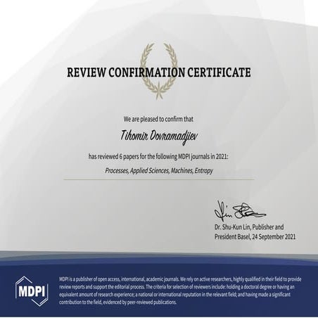 MDPI REVIEW CONFIRMATION CERTIFICATE 24 September 2021 Assoc. Prof. Tihomir D...