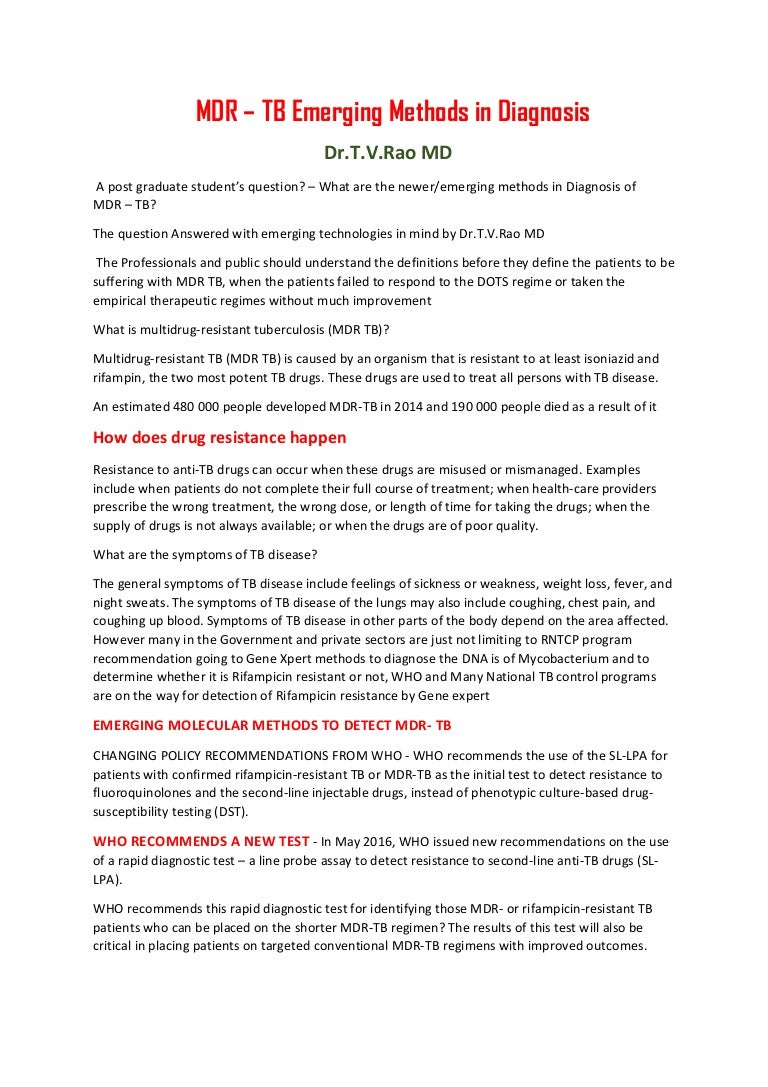 MDR TB Emerging Methods in Diagnosis Dr.T.V.Rao MD