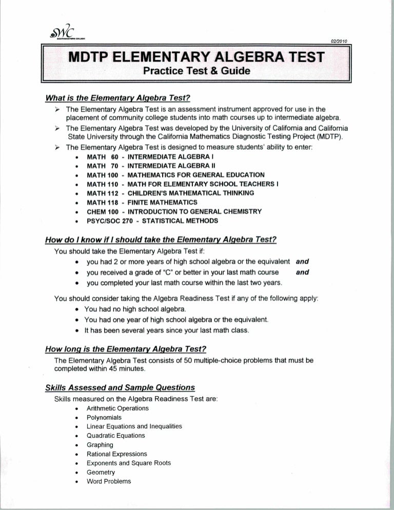 MDTP Algebra Test Practice Test Guide