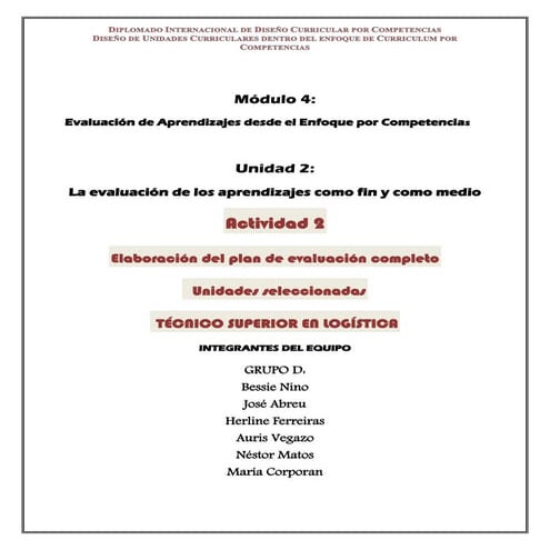Plan de evaluacion completo de unidades seleccionadas. Grupo D