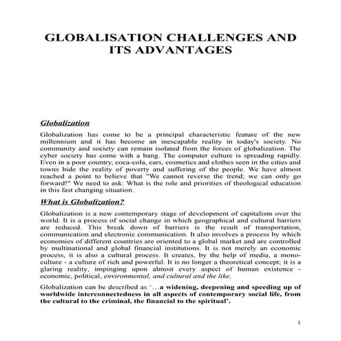 Globalisation, its challenges and advantages