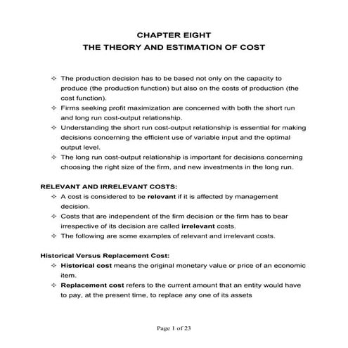Managerial Economics (Chapter 8 - Theory and Estimation of Cost)