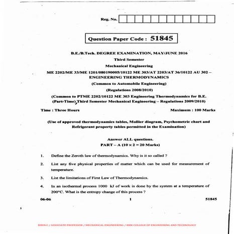 Me2202 engineering thermodynamics uq - may june 2016 | PDF