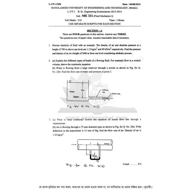 ME-321 (FLUID MECHANICS QUESTION) , BANGLADESH UNIVERSITY OF ENGINEERING AND ...