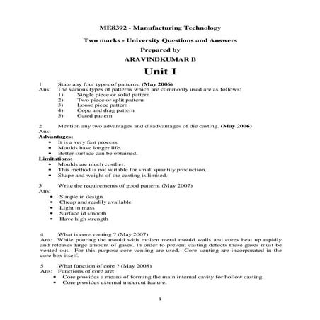 Me8392 manufacturing technology-i  part-a questions &amp; answers-