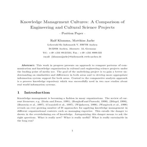 Knowledge Management Cultures: A Comparison of Engineering and Cultural Scien...