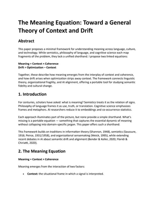 The Meaning Equation: Toward a General Theory of Context and Drift (2025)