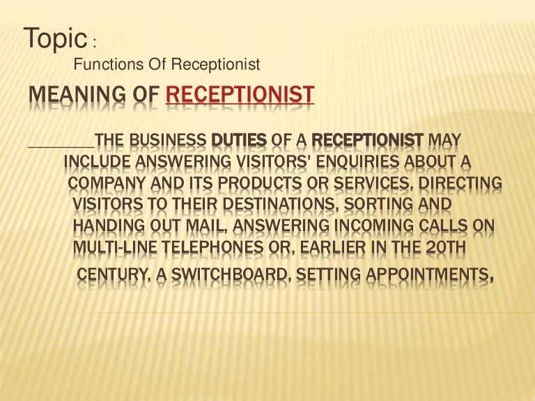 Meaning of receptionist , sb College of MASTER OF TOURISM ADMINISTRA…