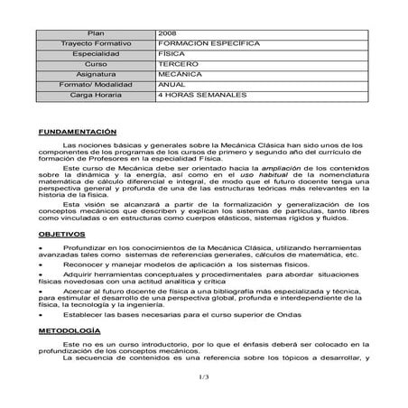 Programa Mecánica, Profesorado Física Plan 2008