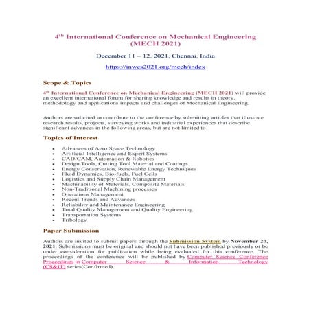 4th International Conference on Mechanical Engineering (MECH 2021) | PDF