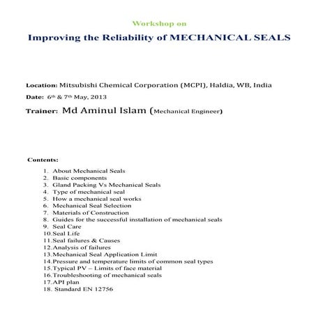 Improving the Reliability of MECHANICAL SEALS