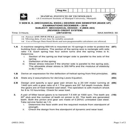 Mechanical design – ii (mee  303) rcs (makeup)