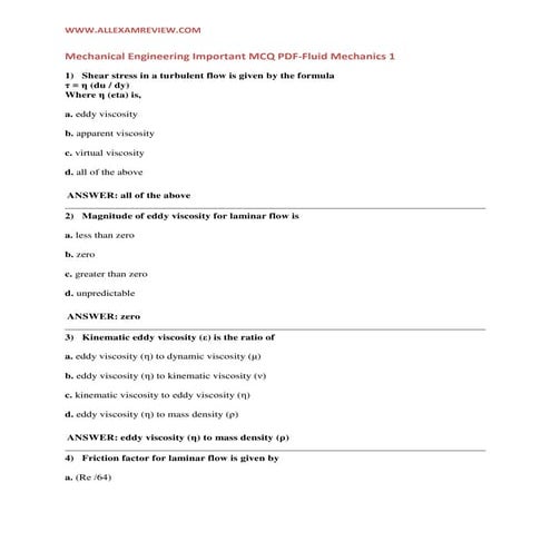 Mechanical engineering important fluid mechanics  mcq 