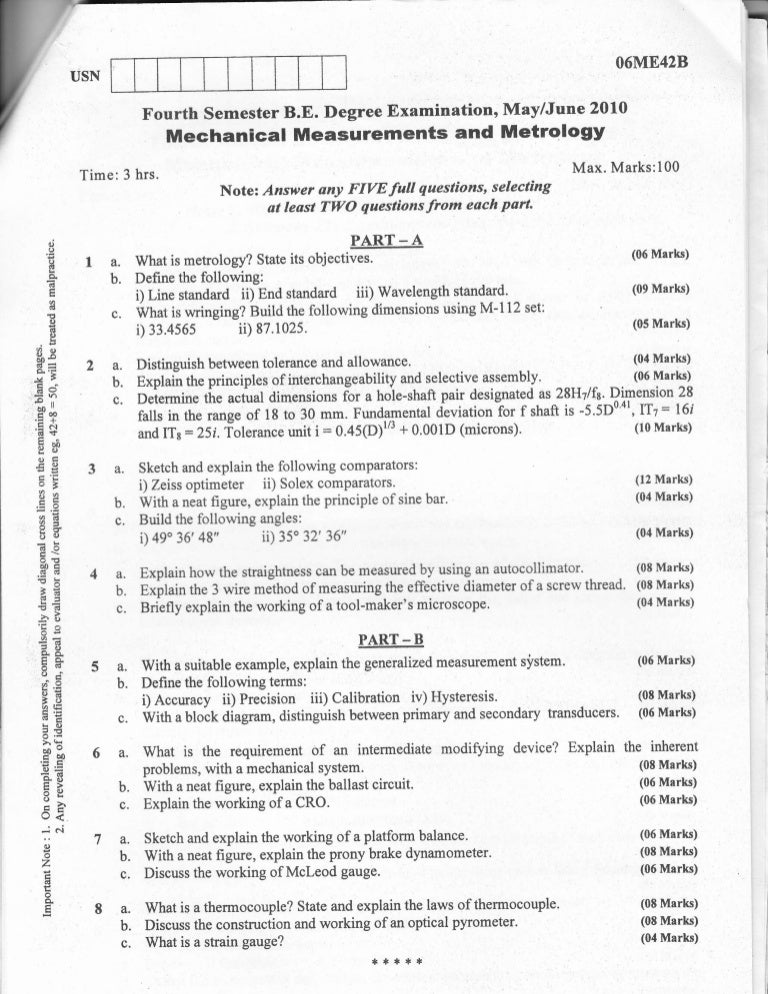 Mechanical measurements and metrology Question Papers