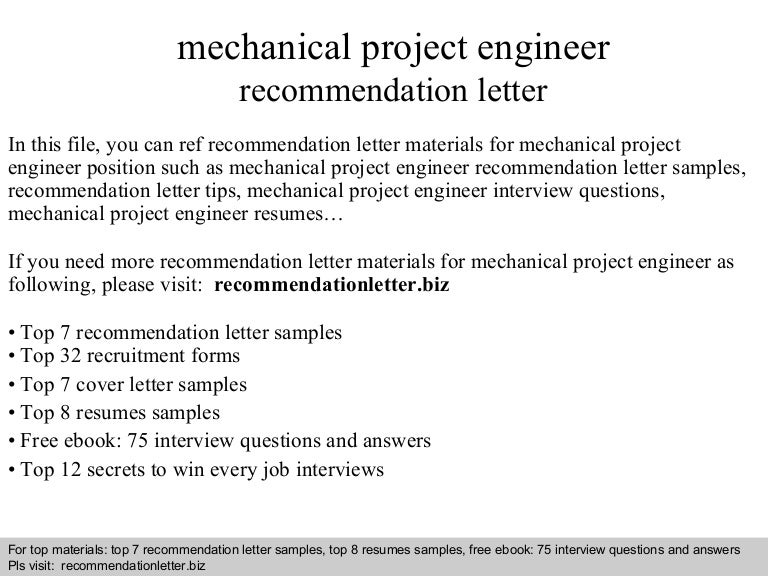 Mechanical project engineer recommendation letter